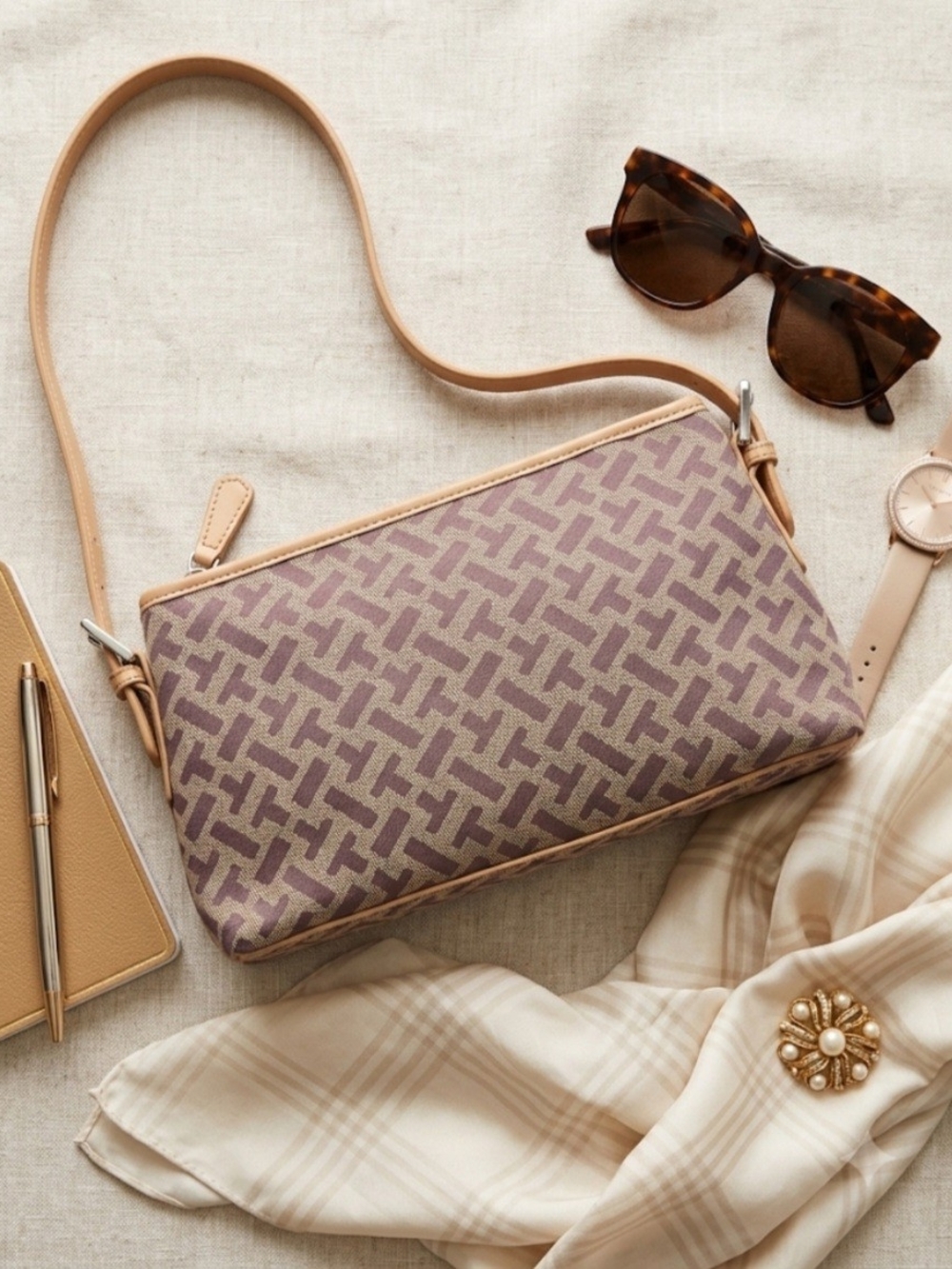 Talbots Mauve Patterned Crossbody with Tan Trim